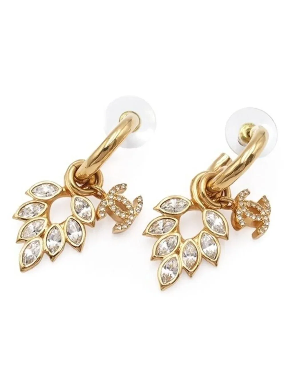 Chanel Earrings Drop Gold Metal Rhinestone CC Logo Flower Motif 22K